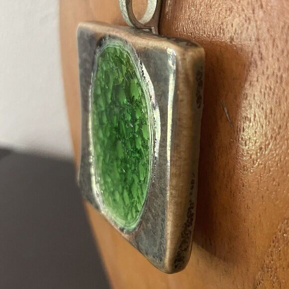 Green Brown Ceramic + Glass Pendant Handmade Art Necklace Square Frame Unique - Picture 2 of 3